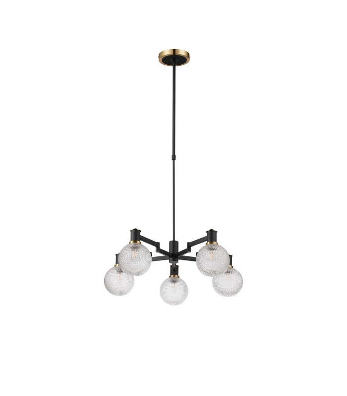 Worcester Swing Arm Telescopic Pendant 5 Light E14 Brass/Satin Black/Clear Round Textured Diamond Pattern Glass-4