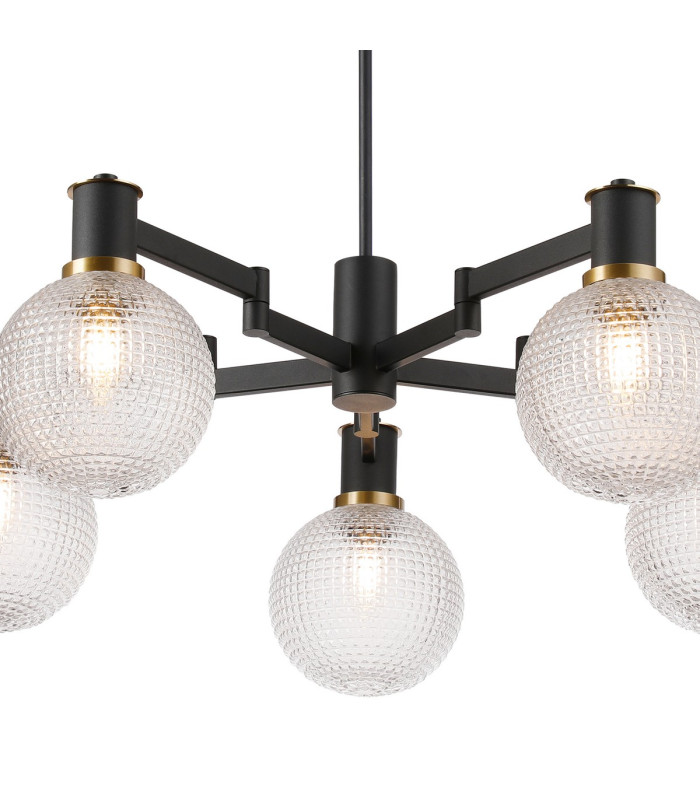 Worcester Swing Arm Telescopic Pendant 5 Light E14 Brass/Satin Black/Clear Round Textured Diamond Pattern Glass-7