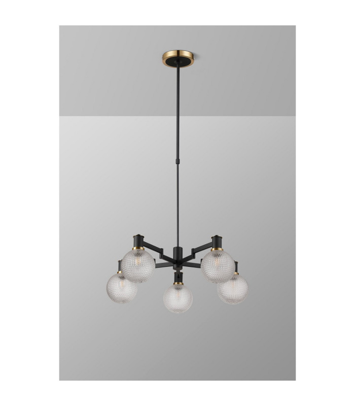 Worcester Swing Arm Telescopic Pendant 5 Light E14 Brass/Satin Black/Clear Round Textured Diamond Pattern Glass-9