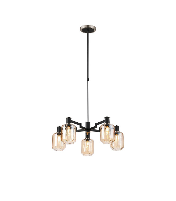 Worcester Swing Arm Telescopic Pendant 5 Light E14 Satin Nickel/Satin Black/Amber Striped Cylinder Glass-1