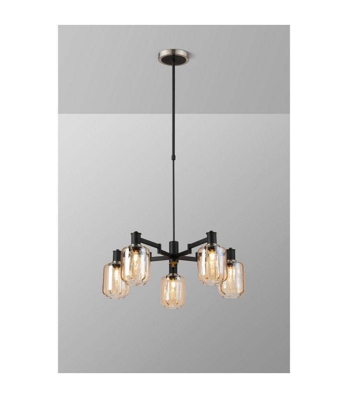 Worcester Swing Arm Telescopic Pendant 5 Light E14 Satin Nickel/Satin Black/Amber Striped Cylinder Glass-3