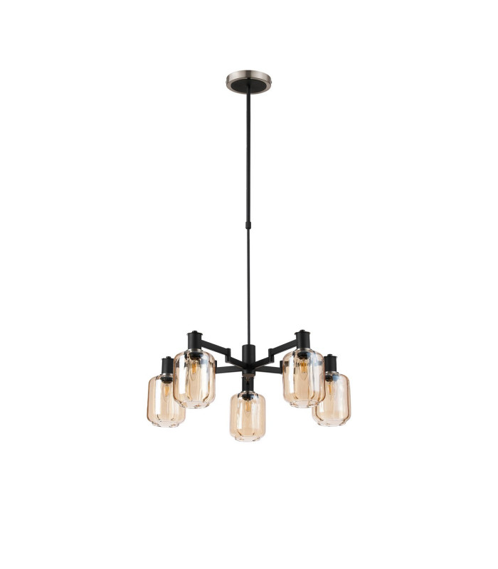 Worcester Swing Arm Telescopic Pendant 5 Light E14 Satin Nickel/Satin Black/Amber Striped Cylinder Glass-4