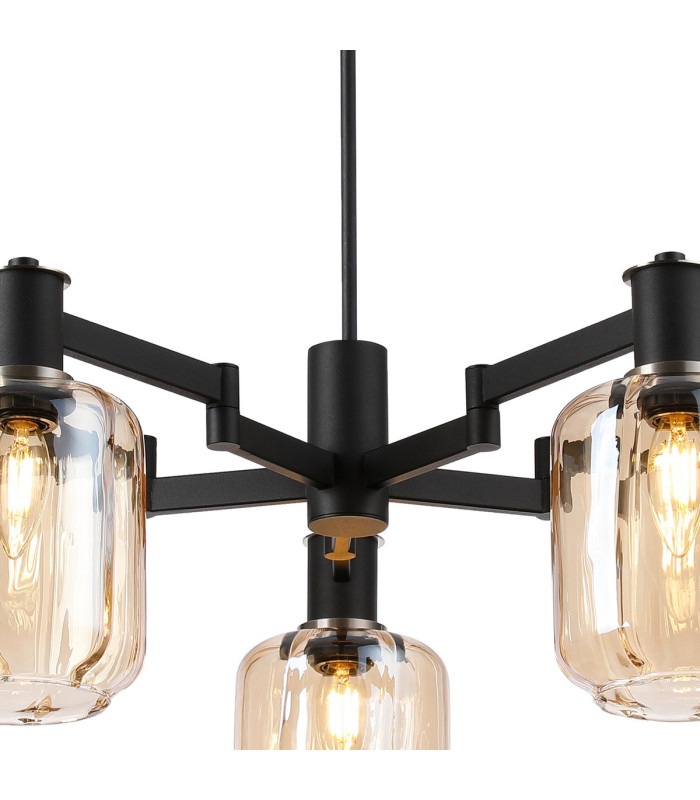 Worcester Swing Arm Telescopic Pendant 5 Light E14 Satin Nickel/Satin Black/Amber Striped Cylinder Glass-6