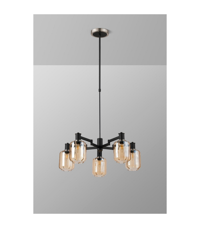 Worcester Swing Arm Telescopic Pendant 5 Light E14 Satin Nickel/Satin Black/Amber Striped Cylinder Glass-10