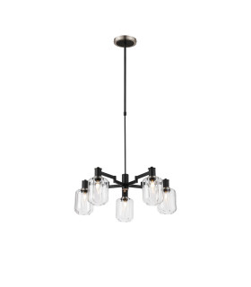 Worcester Swing Arm Telescopic Pendant 5 Light E14 Satin Nickel/Satin Black/Clear Striped Cylinder Glass-1