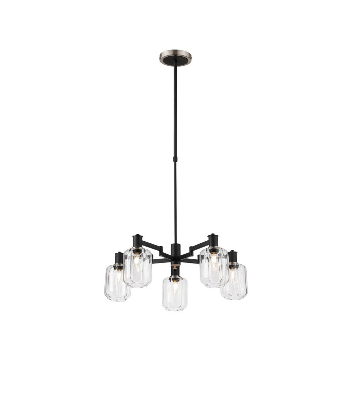 Worcester Swing Arm Telescopic Pendant 5 Light E14 Satin Nickel/Satin Black/Clear Striped Cylinder Glass-1
