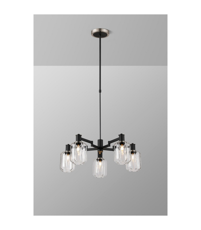 Worcester Swing Arm Telescopic Pendant 5 Light E14 Satin Nickel/Satin Black/Clear Striped Cylinder Glass-3