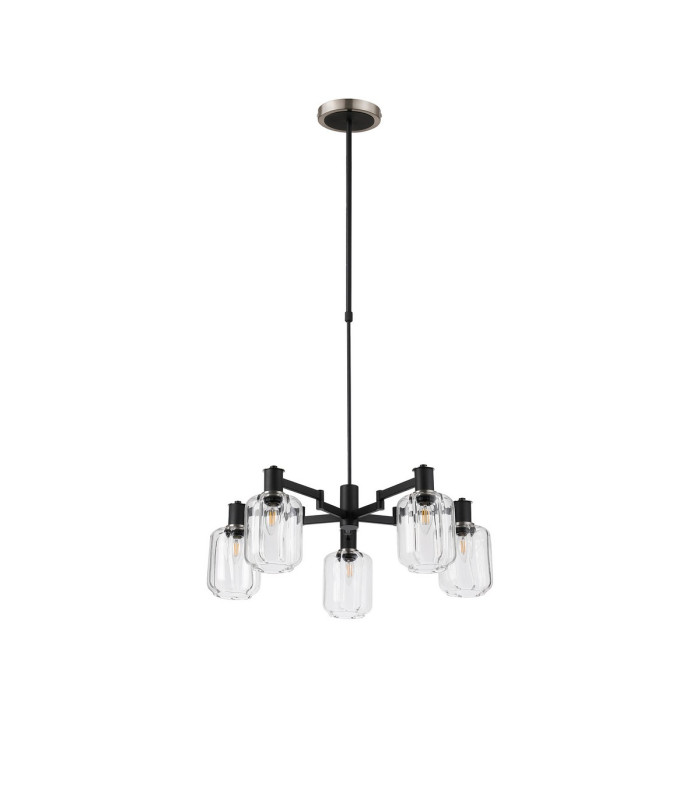 Worcester Swing Arm Telescopic Pendant 5 Light E14 Satin Nickel/Satin Black/Clear Striped Cylinder Glass-4
