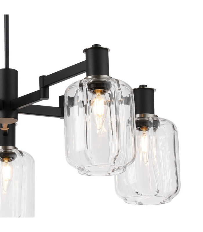 Worcester Swing Arm Telescopic Pendant 5 Light E14 Satin Nickel/Satin Black/Clear Striped Cylinder Glass-5
