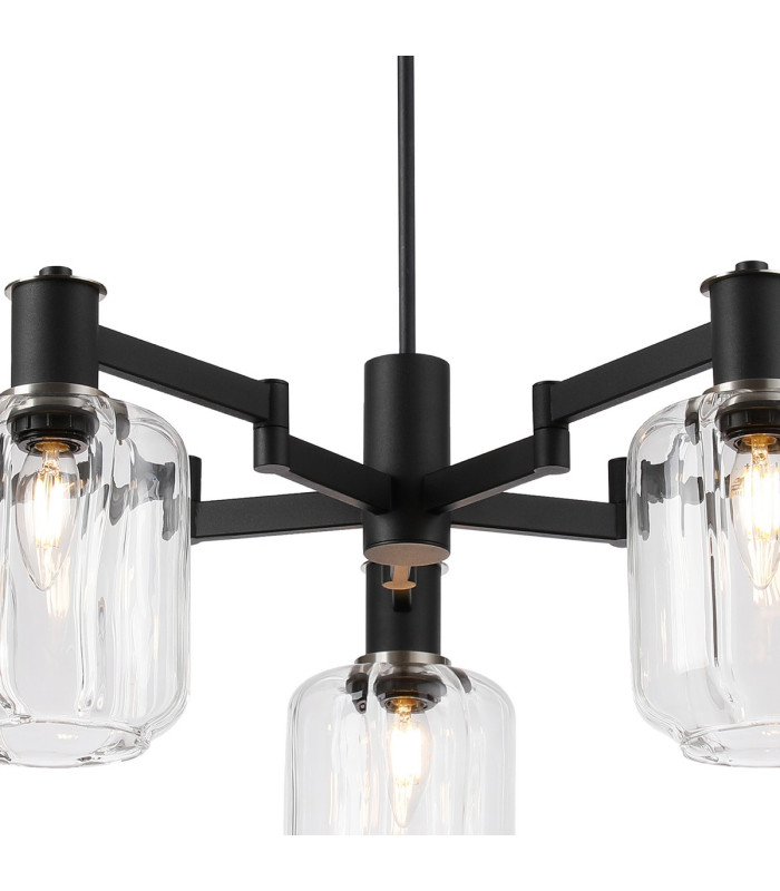 Worcester Swing Arm Telescopic Pendant 5 Light E14 Satin Nickel/Satin Black/Clear Striped Cylinder Glass-6