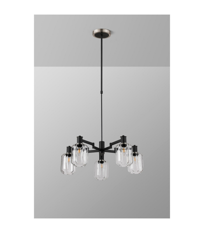 Worcester Swing Arm Telescopic Pendant 5 Light E14 Satin Nickel/Satin Black/Clear Striped Cylinder Glass-10