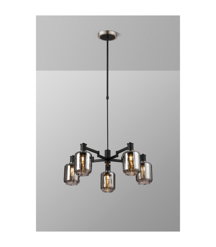 Worcester Swing Arm Telescopic Pendant 5 Light E14 Satin Nickel/Satin Black/Smoke Striped Cylinder Glass-3