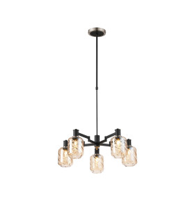 Worcester Swing Arm Telescopic Pendant 5 Light E14 Satin Nickel/Satin Black/Amber Twisted Cylinder Glass-1