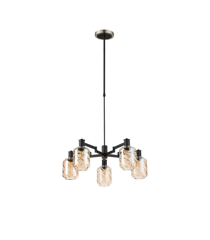 Worcester Swing Arm Telescopic Pendant 5 Light E14 Satin Nickel/Satin Black/Amber Twisted Cylinder Glass-4
