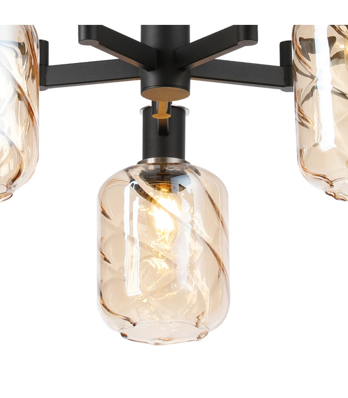 Worcester Swing Arm Telescopic Pendant 5 Light E14 Satin Nickel/Satin Black/Amber Twisted Cylinder Glass-5