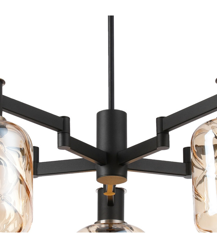 Worcester Swing Arm Telescopic Pendant 5 Light E14 Satin Nickel/Satin Black/Amber Twisted Cylinder Glass-6