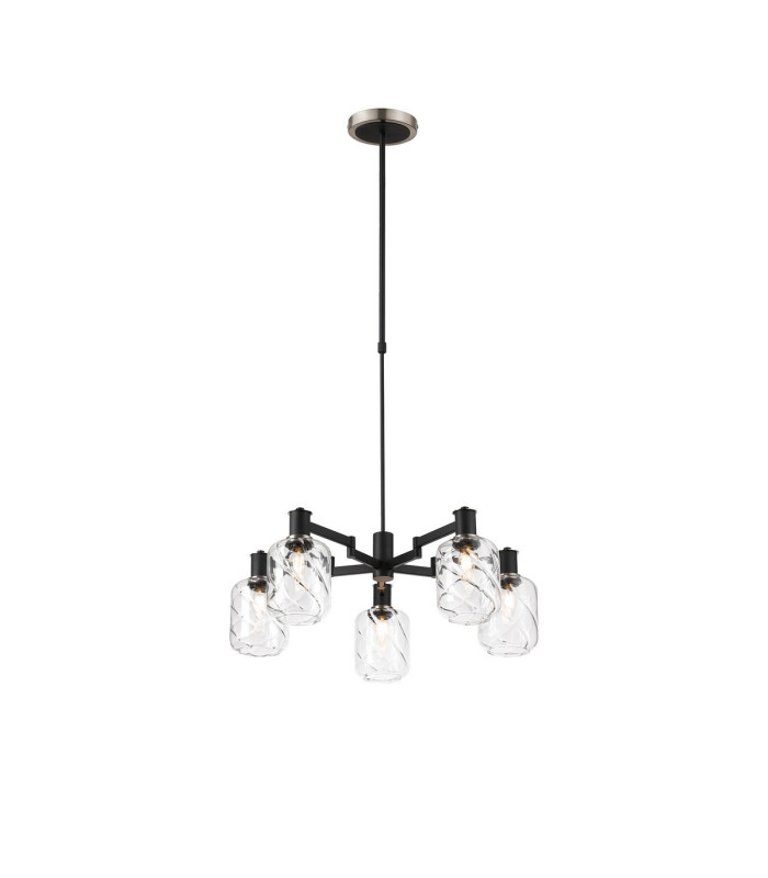Worcester Swing Arm Telescopic Pendant 5 Light E14 Satin Nickel/Satin Black/Clear Twisted Cylinder Glass-1