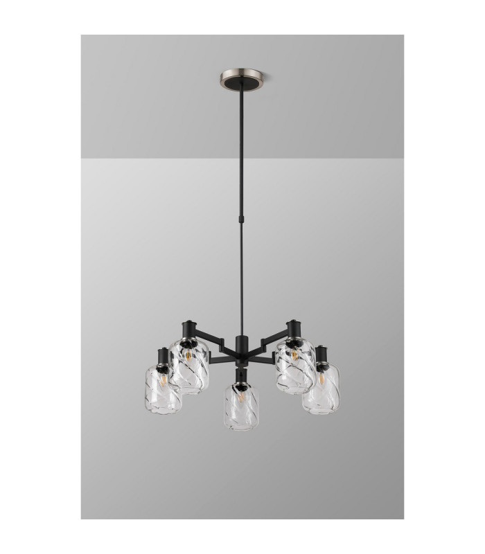 Worcester Swing Arm Telescopic Pendant 5 Light E14 Satin Nickel/Satin Black/Clear Twisted Cylinder Glass-10