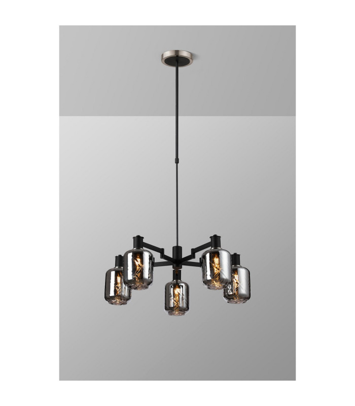 Worcester Swing Arm Telescopic Pendant 5 Light E14 Satin Nickel/Satin Black/Smoke Twisted Cylinder Glass-3
