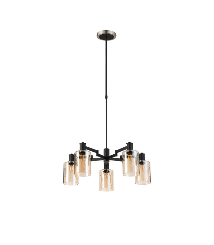 Worcester Swing Arm Telescopic Pendant 5 Light E14 Satin Nickel/Satin Black/Amber Uniform Dimple Cylinder Glass-4