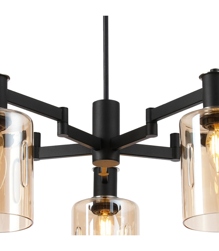 Worcester Swing Arm Telescopic Pendant 5 Light E14 Satin Nickel/Satin Black/Amber Uniform Dimple Cylinder Glass-6