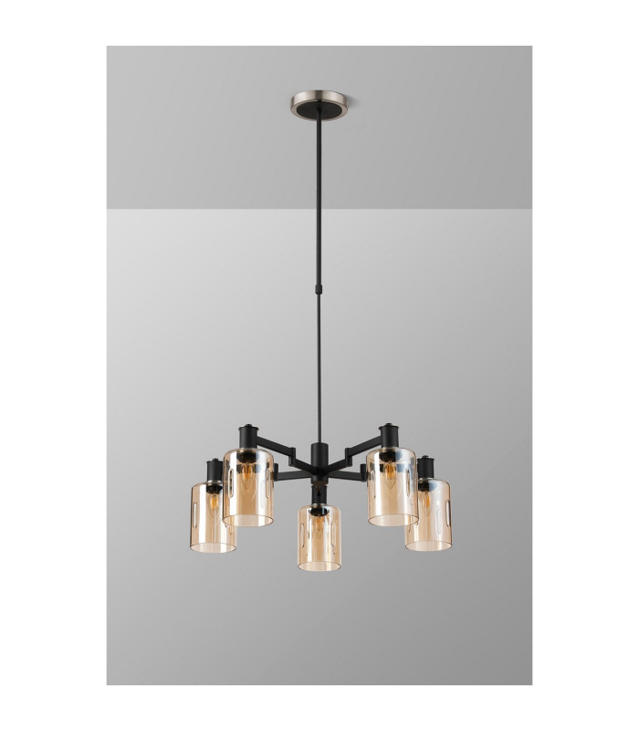 Worcester Swing Arm Telescopic Pendant 5 Light E14 Satin Nickel/Satin Black/Amber Uniform Dimple Cylinder Glass-10