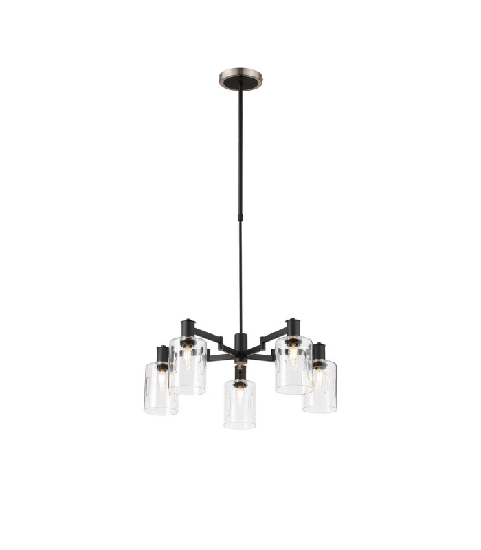 Worcester Swing Arm Telescopic Pendant 5 Light E14 Satin Nickel/Satin Black/Clear Uniform Dimple Cylinder Glass-1