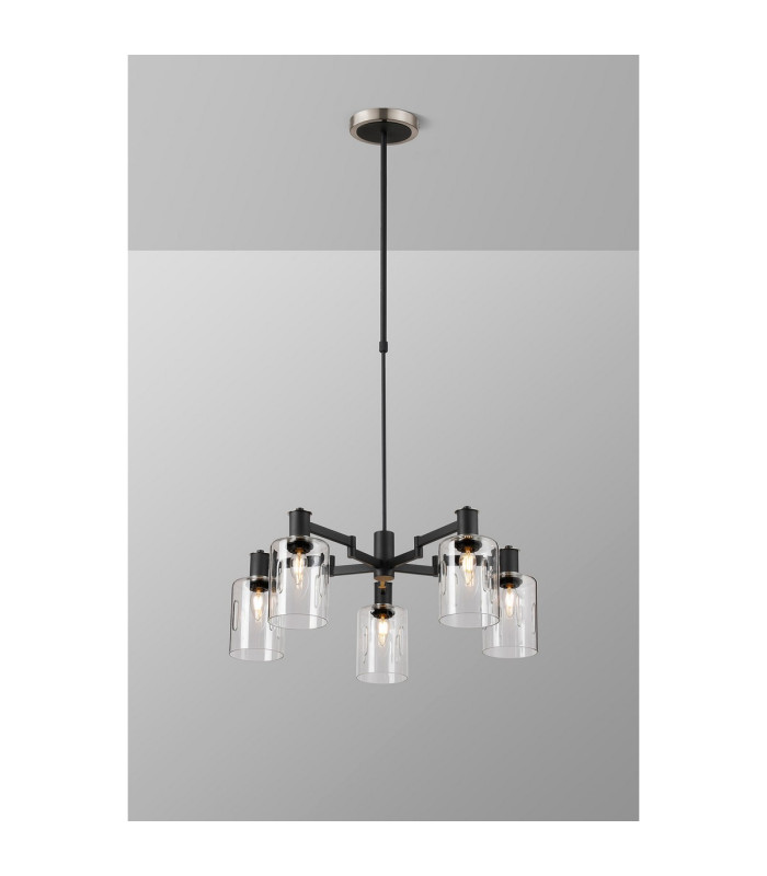 Worcester Swing Arm Telescopic Pendant 5 Light E14 Satin Nickel/Satin Black/Clear Uniform Dimple Cylinder Glass-3