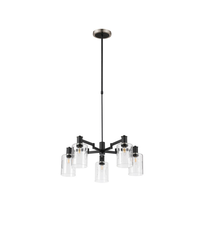 Worcester Swing Arm Telescopic Pendant 5 Light E14 Satin Nickel/Satin Black/Clear Uniform Dimple Cylinder Glass-4