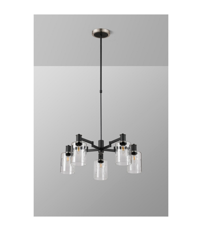 Worcester Swing Arm Telescopic Pendant 5 Light E14 Satin Nickel/Satin Black/Clear Uniform Dimple Cylinder Glass-10