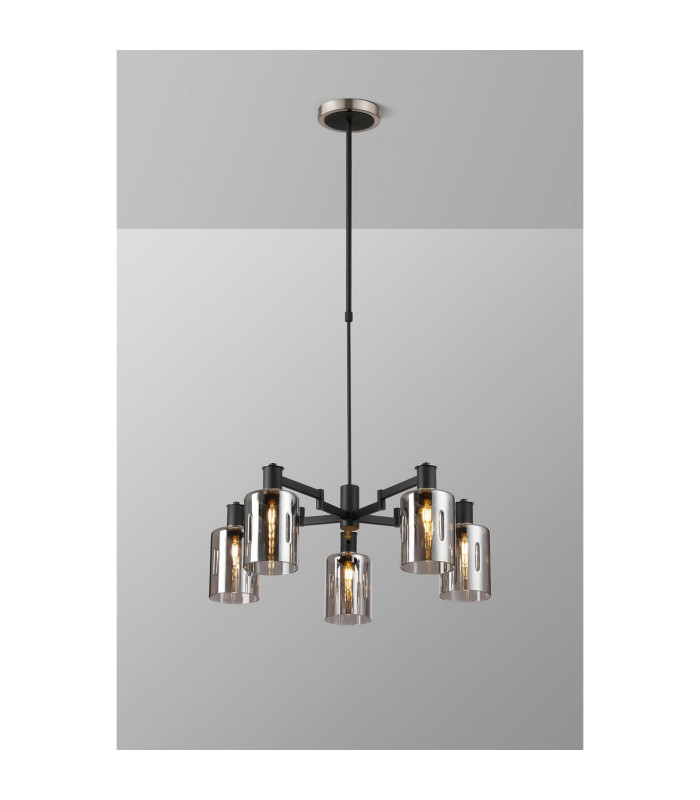 Worcester Swing Arm Telescopic Pendant 5 Light E14 Satin Nickel/Satin Black/Smoke Uniform Dimple Cylinder Glass-3