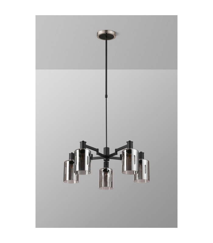 Worcester Swing Arm Telescopic Pendant 5 Light E14 Satin Nickel/Satin Black/Smoke Uniform Dimple Cylinder Glass-10