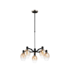 Worcester Swing Arm Telescopic Pendant 5 Light E14 Satin Nickel/Satin Black/Amber Fade Wine Glass Glass-1