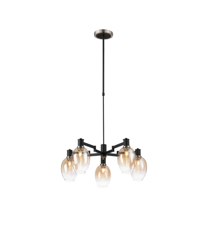 Worcester Swing Arm Telescopic Pendant 5 Light E14 Satin Nickel/Satin Black/Amber Fade Wine Glass Glass-1
