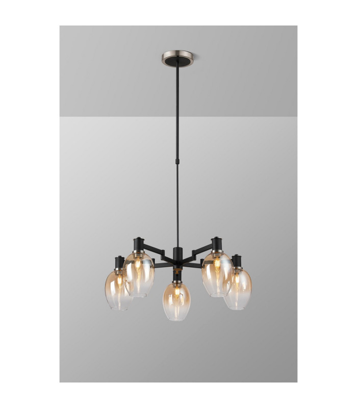 Worcester Swing Arm Telescopic Pendant 5 Light E14 Satin Nickel/Satin Black/Amber Fade Wine Glass Glass-3