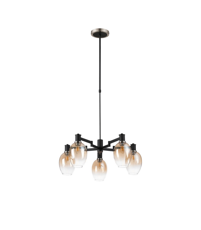 Worcester Swing Arm Telescopic Pendant 5 Light E14 Satin Nickel/Satin Black/Amber Fade Wine Glass Glass-4