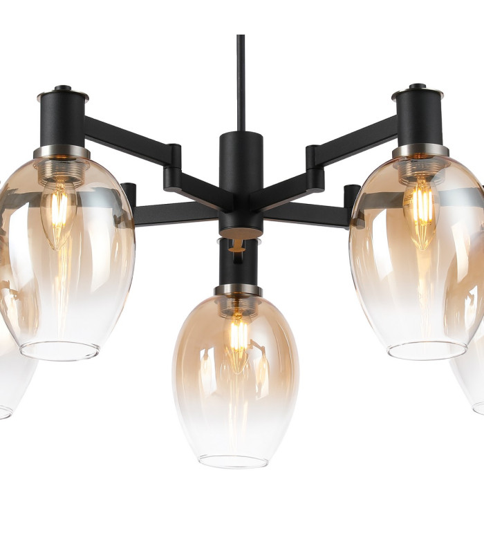 Worcester Swing Arm Telescopic Pendant 5 Light E14 Satin Nickel/Satin Black/Amber Fade Wine Glass Glass-7
