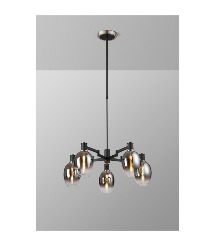 Worcester Swing Arm Telescopic Pendant 5 Light E14 Satin Nickel/Satin Black/Smoke Fade Wine Glass Glass-3