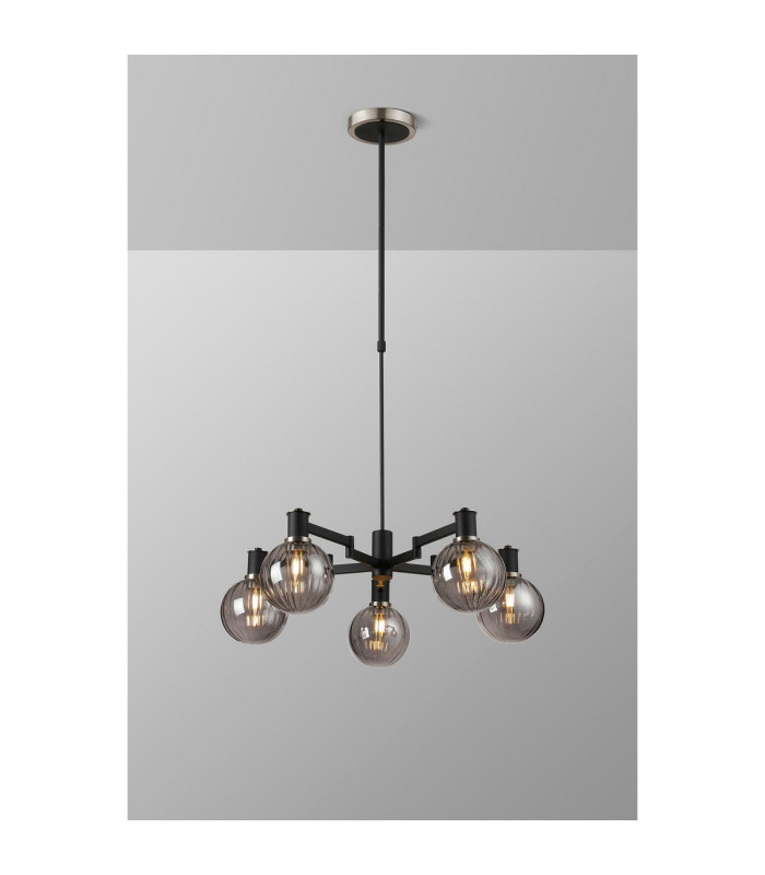 Worcester Swing Arm Telescopic Pendant 5 Light E14 Satin Nickel/Satin Black/Smoke Plated Round Segment Glass-3