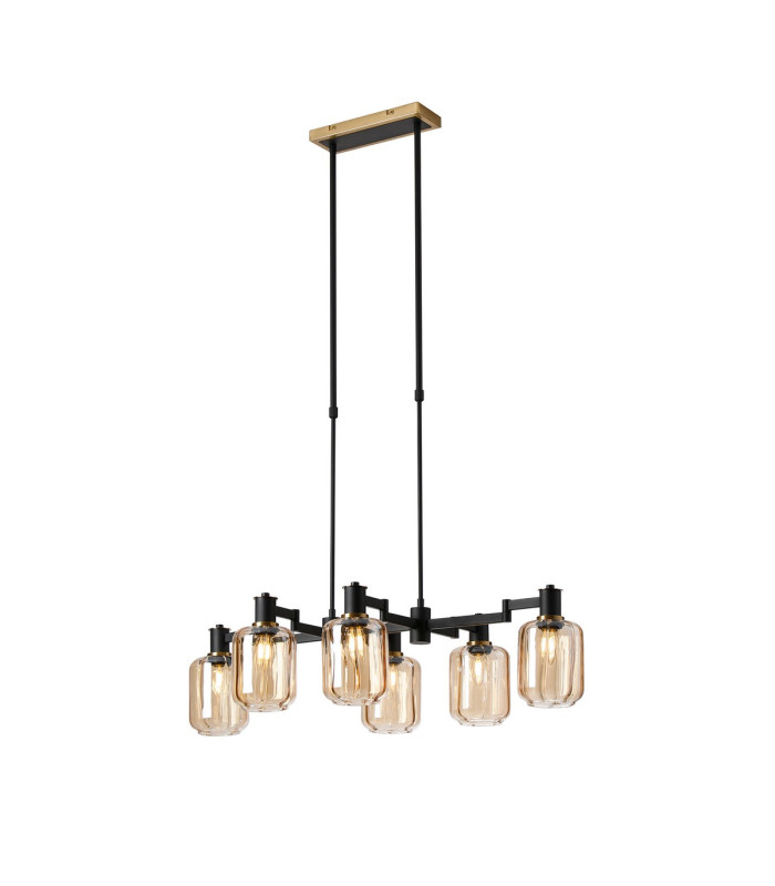 Worcester Swing Arm Telescopic Linear Pendant 6 Light E14 Brass/Satin Black/Amber Striped Cylinder Glass-1