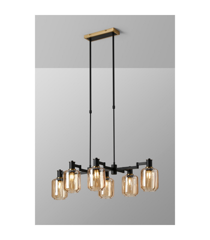Worcester Swing Arm Telescopic Linear Pendant 6 Light E14 Brass/Satin Black/Amber Striped Cylinder Glass-3
