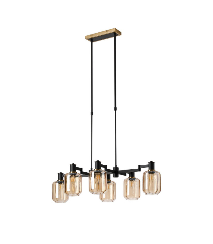 Worcester Swing Arm Telescopic Linear Pendant 6 Light E14 Brass/Satin Black/Amber Striped Cylinder Glass-5
