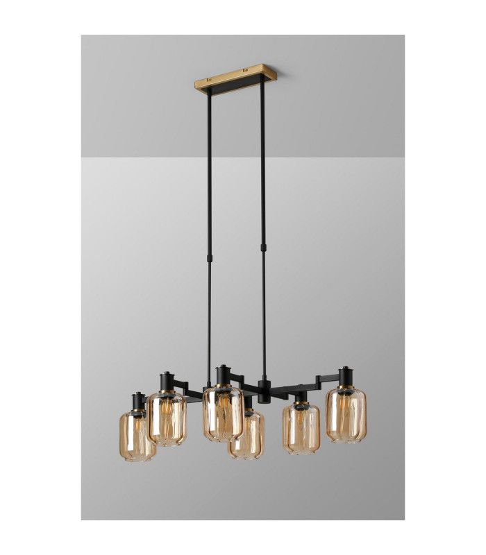 Worcester Swing Arm Telescopic Linear Pendant 6 Light E14 Brass/Satin Black/Amber Striped Cylinder Glass-10
