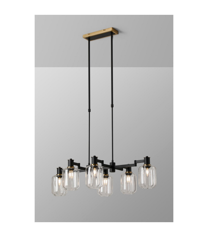 Worcester Swing Arm Telescopic Linear Pendant 6 Light E14 Brass/Satin Black/Clear Striped Cylinder Glass-3