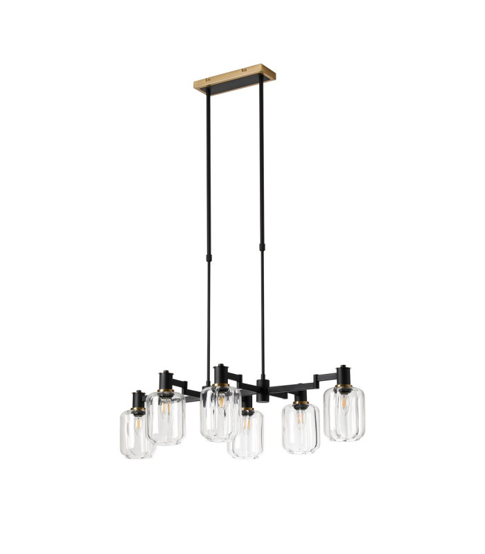Worcester Swing Arm Telescopic Linear Pendant 6 Light E14 Brass/Satin Black/Clear Striped Cylinder Glass-5