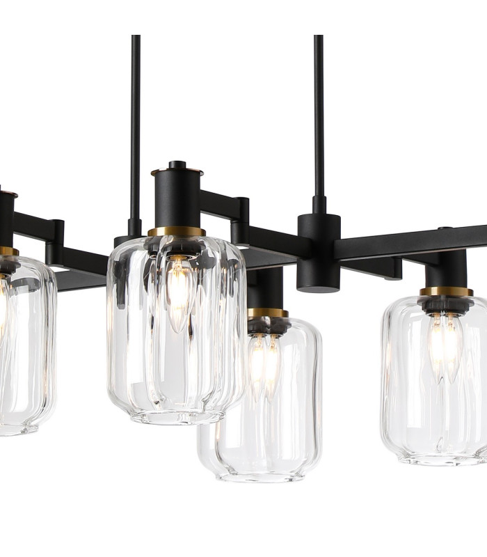 Worcester Swing Arm Telescopic Linear Pendant 6 Light E14 Brass/Satin Black/Clear Striped Cylinder Glass-8