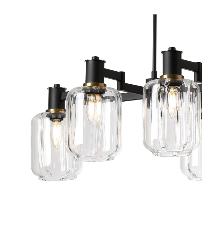 Worcester Swing Arm Telescopic Linear Pendant 6 Light E14 Brass/Satin Black/Clear Striped Cylinder Glass-9