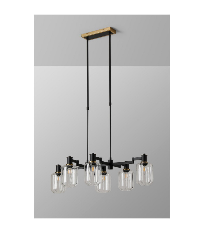 Worcester Swing Arm Telescopic Linear Pendant 6 Light E14 Brass/Satin Black/Clear Striped Cylinder Glass-10