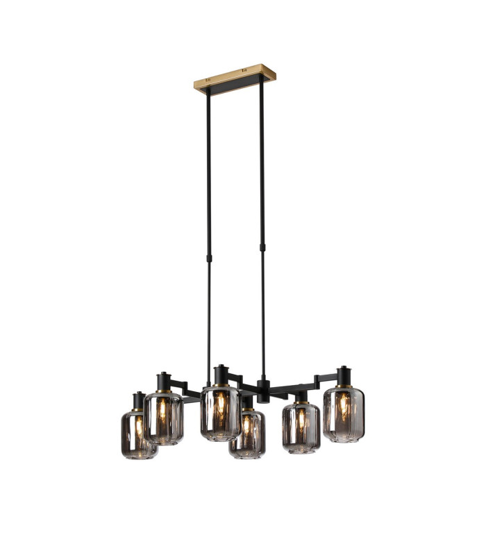 Worcester Swing Arm Telescopic Linear Pendant 6 Light E14 Brass/Satin Black/Smoke Striped Cylinder Glass-1