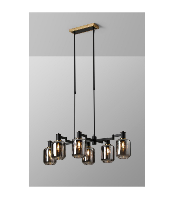 Worcester Swing Arm Telescopic Linear Pendant 6 Light E14 Brass/Satin Black/Smoke Striped Cylinder Glass-3